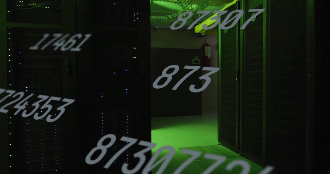 Modern Data Center with Numeric Overlays and Green LED Lighting