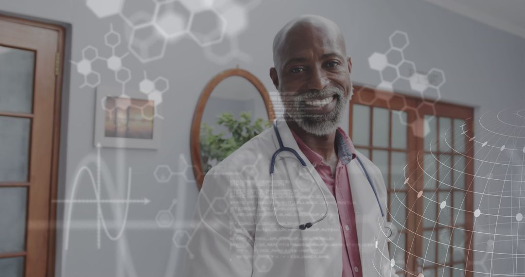Smiling African American Doctor with Medical Data Overlay