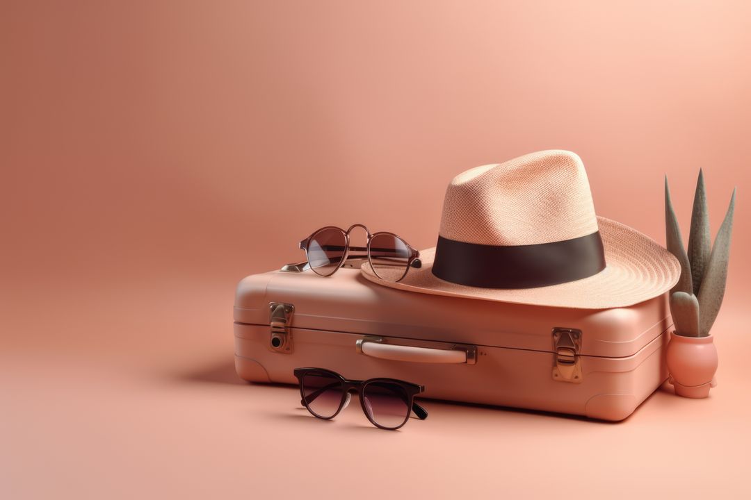 Sunglasses, hat, suitcase and plant on peach background, created using generative ai technology - Free Images, Stock Photos and Pictures on Pikwizard.com