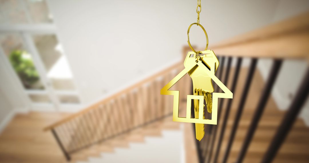 Golden House-Shaped Key over Stairs in Modern Home - Free Images, Stock Photos and Pictures on Pikwizard.com