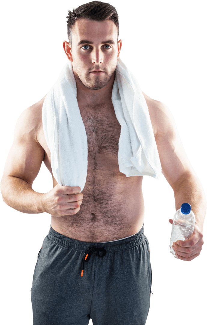 Strong Bodybuilder with Towel Holding Water Bottle Transparent Background