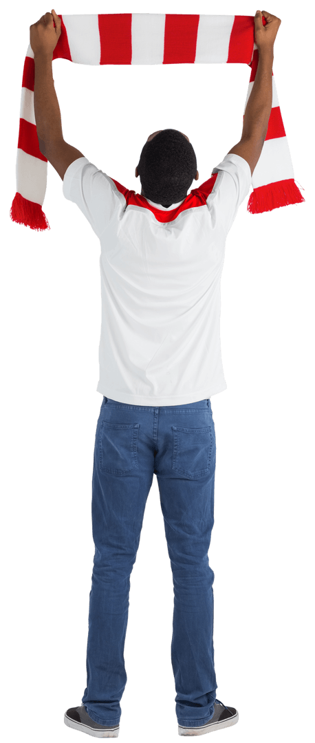 Transparent Enthusiastic Fan Celebrating with Red and White Scarf