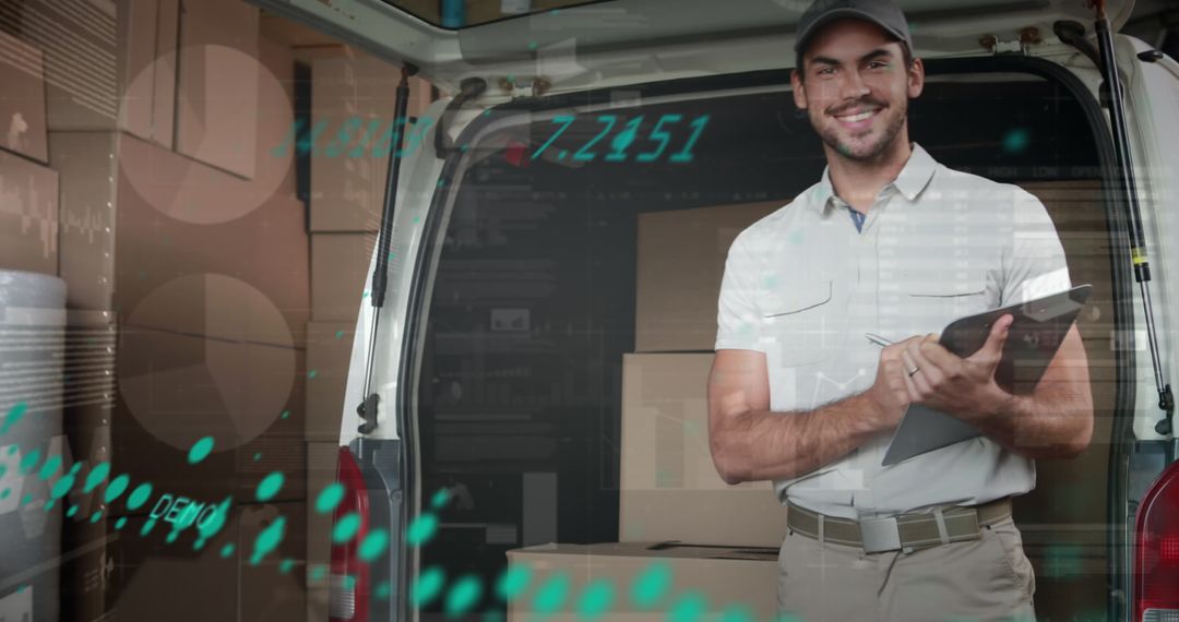 Smiling Delivery Worker Electronically Recording Data