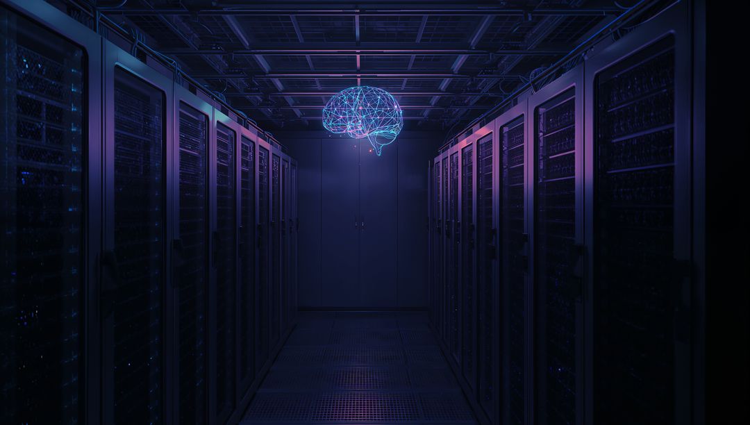 Holographic Neural Brain Floating Above Datacenter Aisle with Neon Cyan Magenta Lighting
