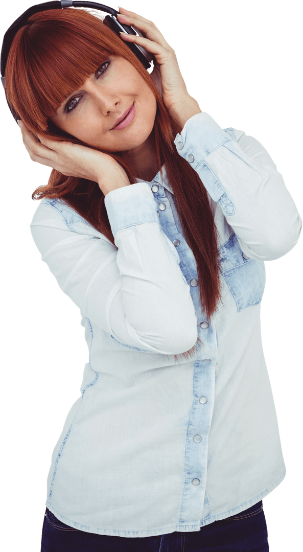 Smiling Woman Listening to Music with Headphones on Transparent Background
