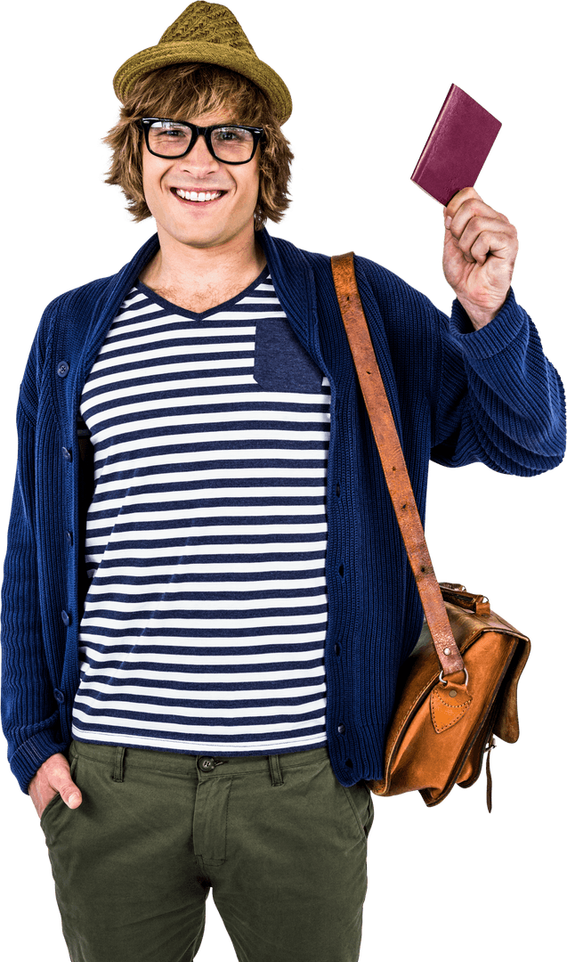 Smiling Modern Hipster Holding Transparent Leather Accessory