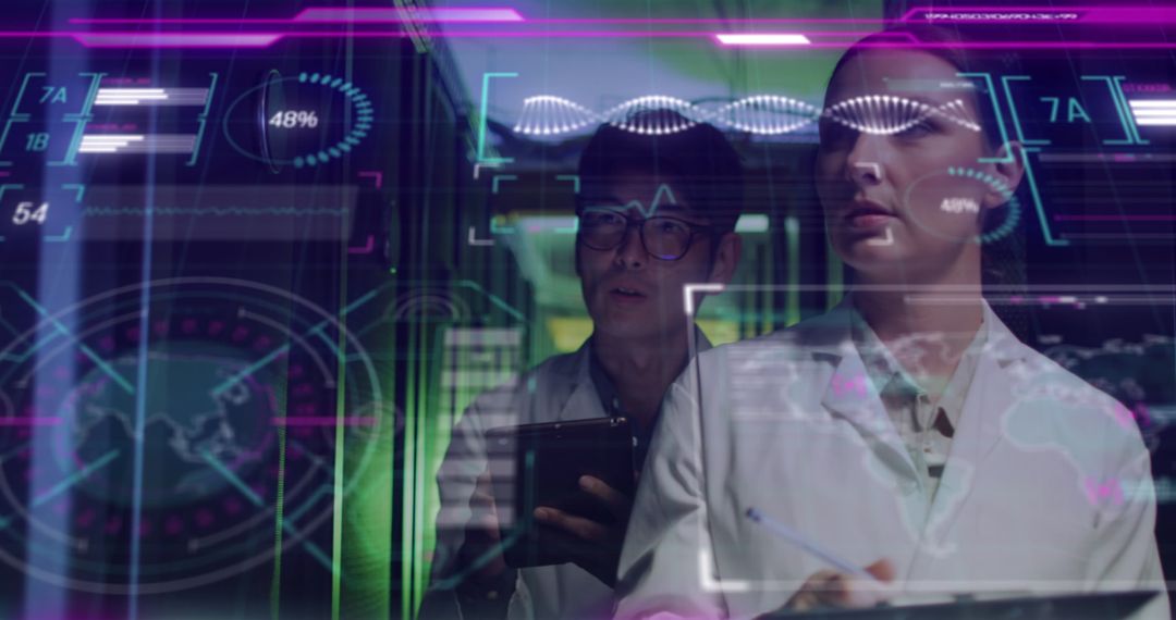 Diverse Workforce Analyzing Data Interfaces in a Server Room