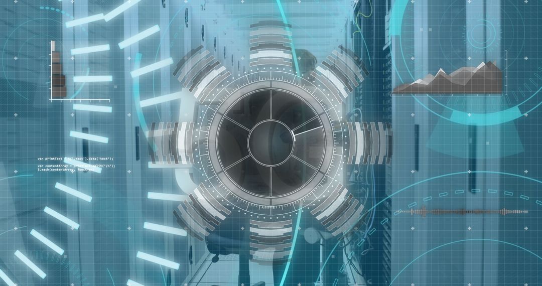 Futuristic Digital Interface Overlay in a High-Tech Server Room