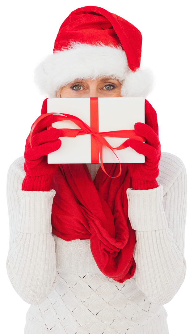 Senior Woman With Christmas Hat Holding Present And Isolated On Transparent Background - Download Free Stock Images Pikwizard.com