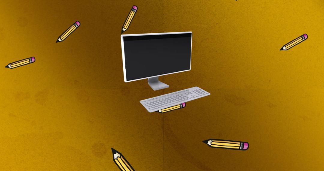 E-Learning Concept with Floating Computer and Pencils Illustration