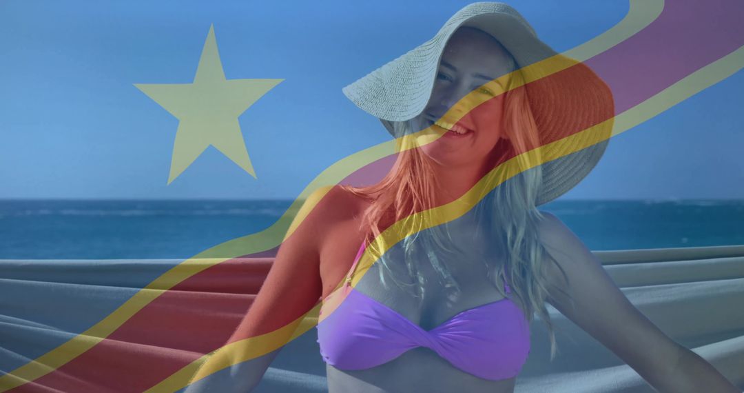 Smiling Woman on Seaside with Large Sun Hat and Flag Overlay