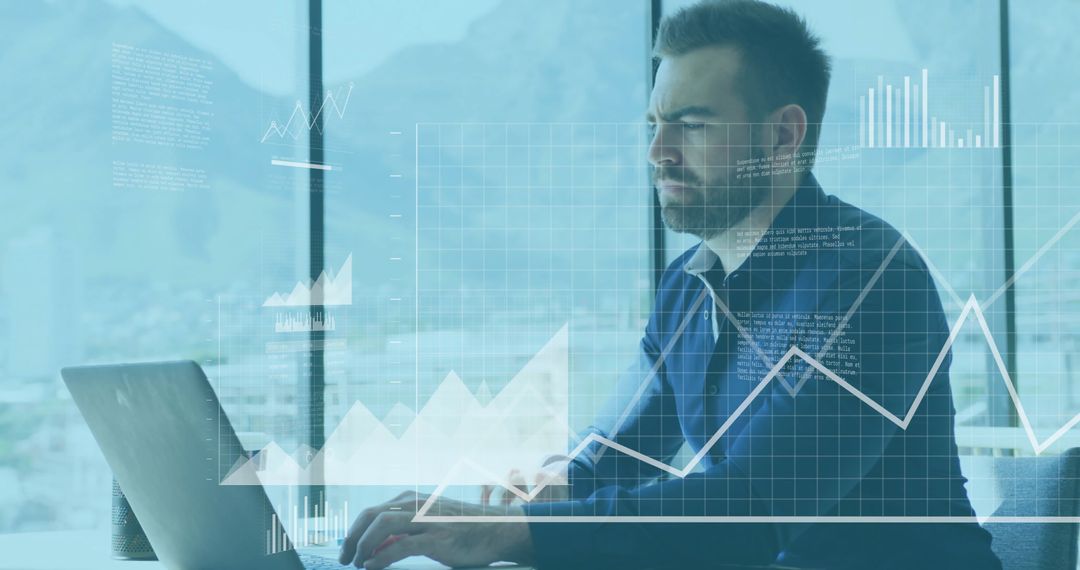 Businessman Analyzing Digital Finance Growth Data on Laptop