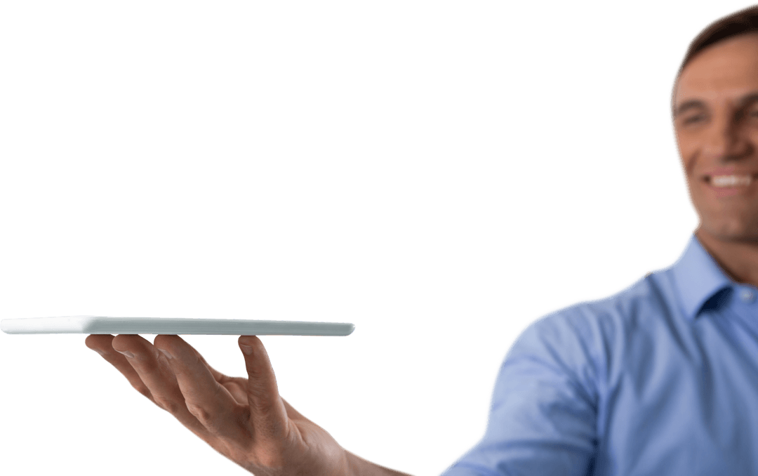 Man Smiling Holding Tablet on Transparent Background
