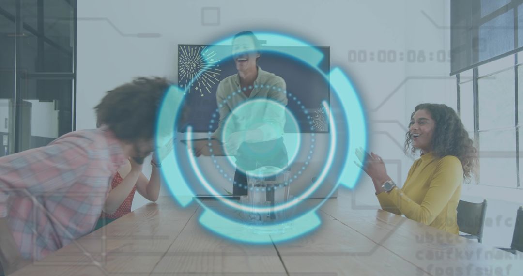 Diverse team celebrating collaboration at conference table with holographic HUD overlay