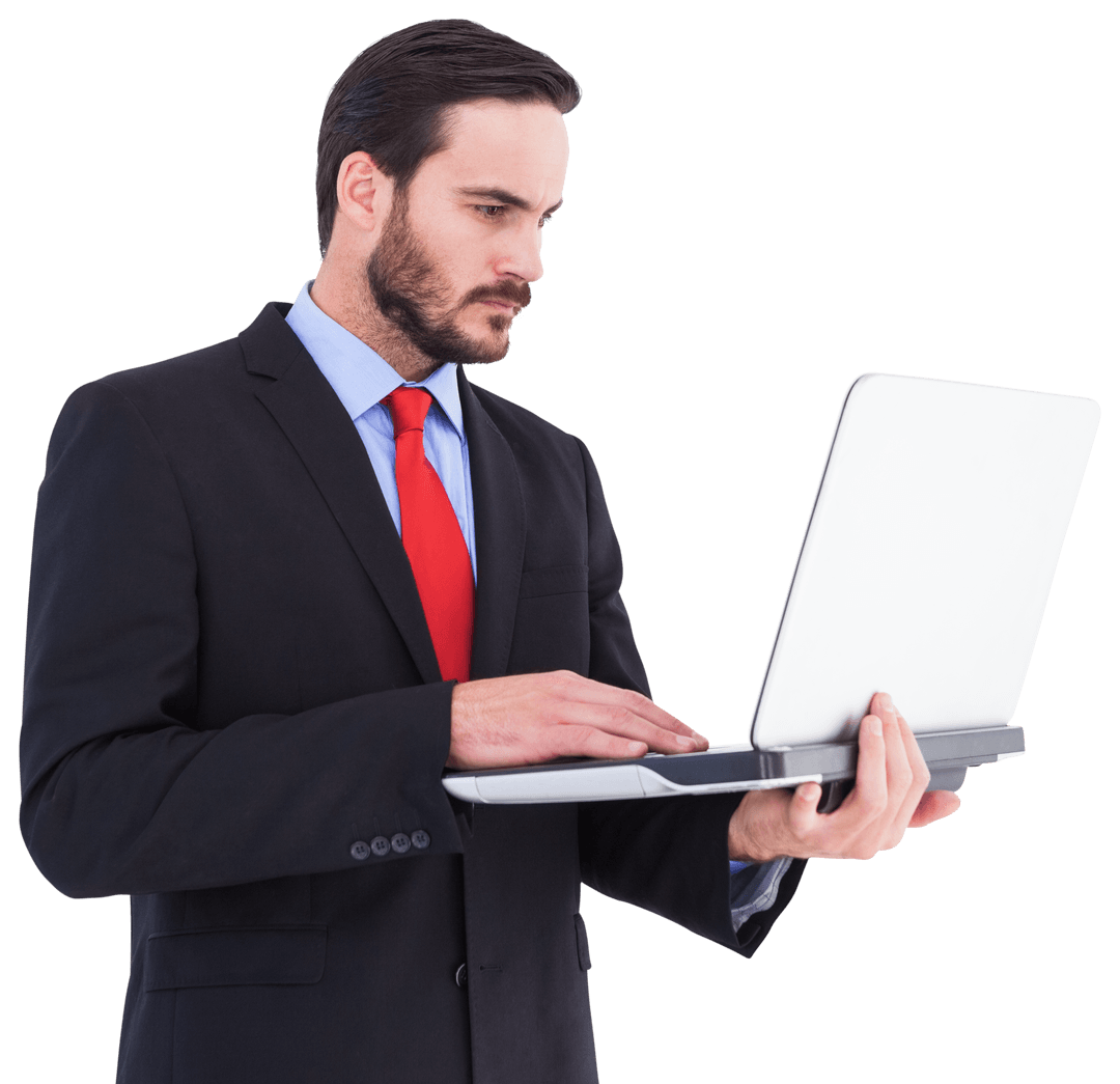 Transparent Focused Businessman Using Laptop Confidently