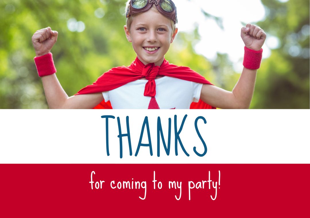 Smiling Child in Superhero Costume Shows Victory Pose at Party