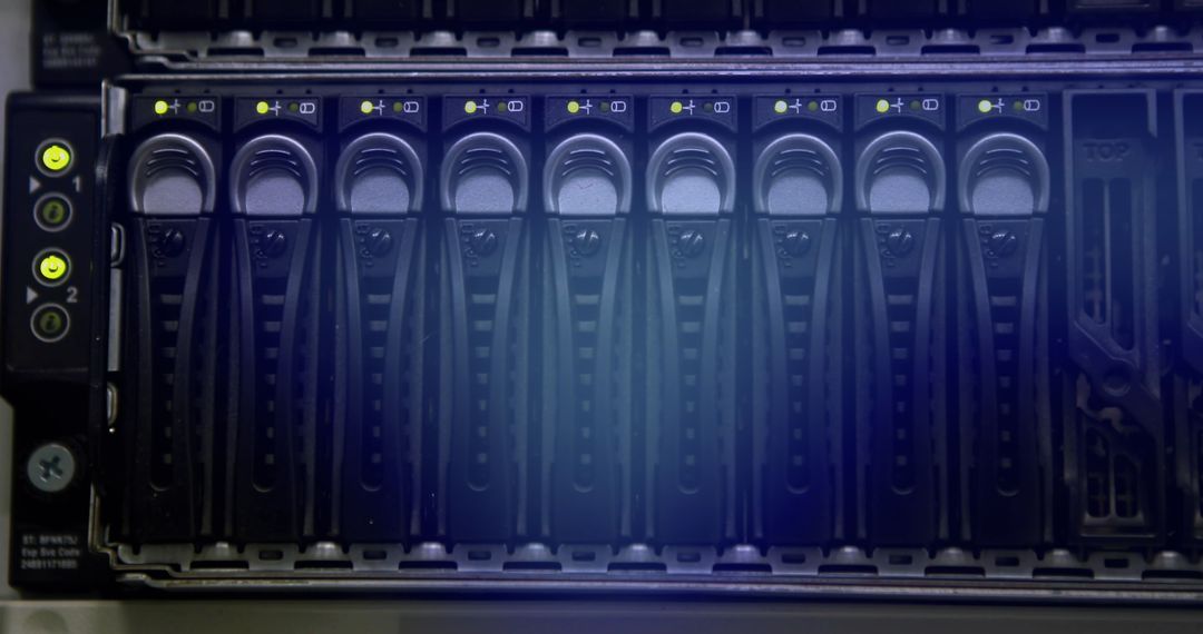 Close-Up of Hard Drives in Blue-Lit Server Rack with Active Status Lights
