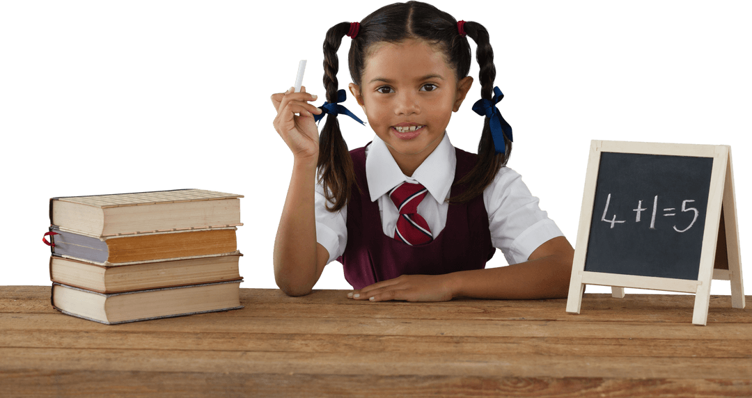 Smiling Schoolgirl Teaching with Chalkboard in Transparent Setting