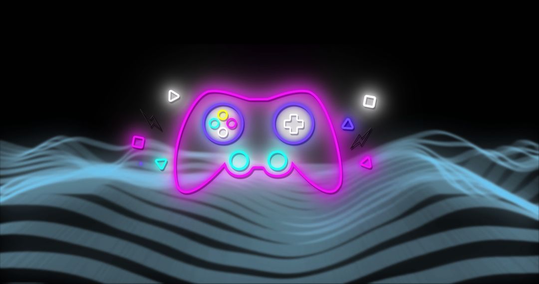 Neon Gamepad with Futuristic Abstract Pattern Background