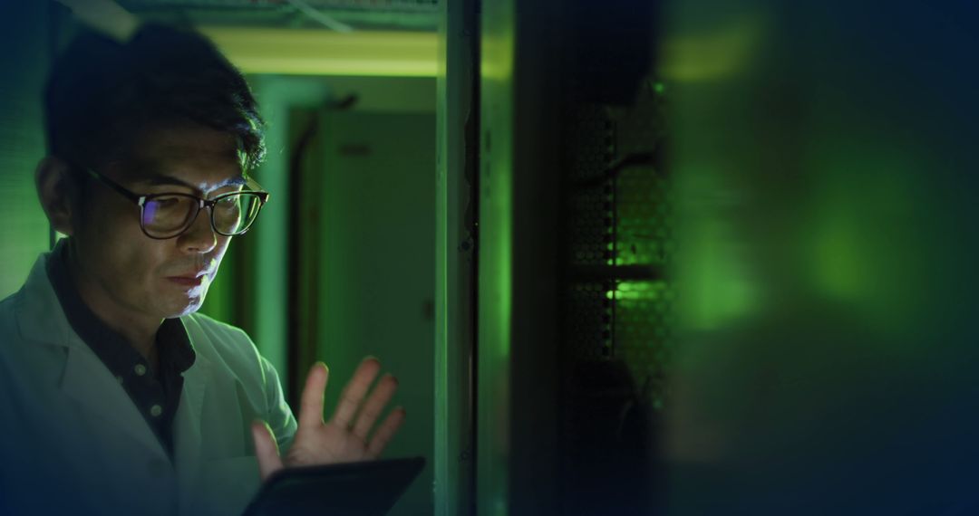 Man Using Tablet in Server Room with Green Lighting