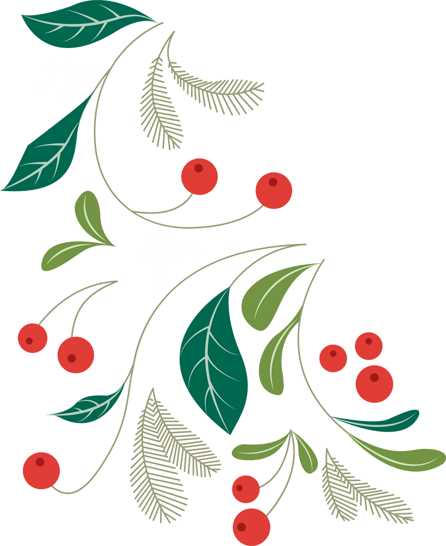 Botanical Illustration of Leaves and Berries on Transparent Background