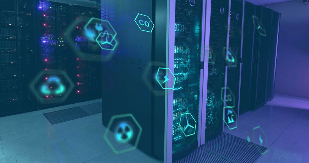 Advanced Network Server Room with Digital Icons Overlay