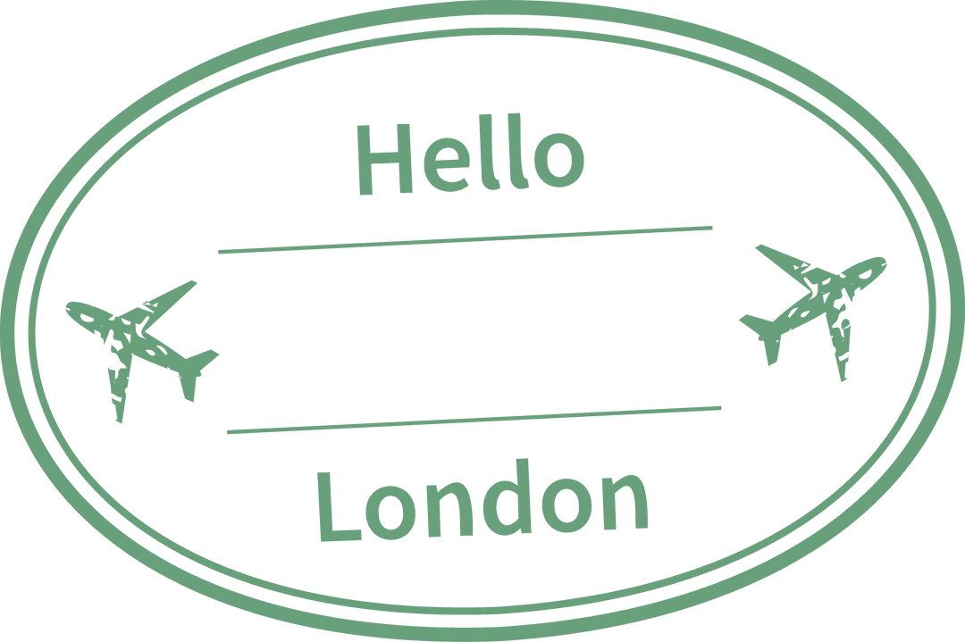 Oval Stamp with Hello London Text and Airplane on Transparent Background