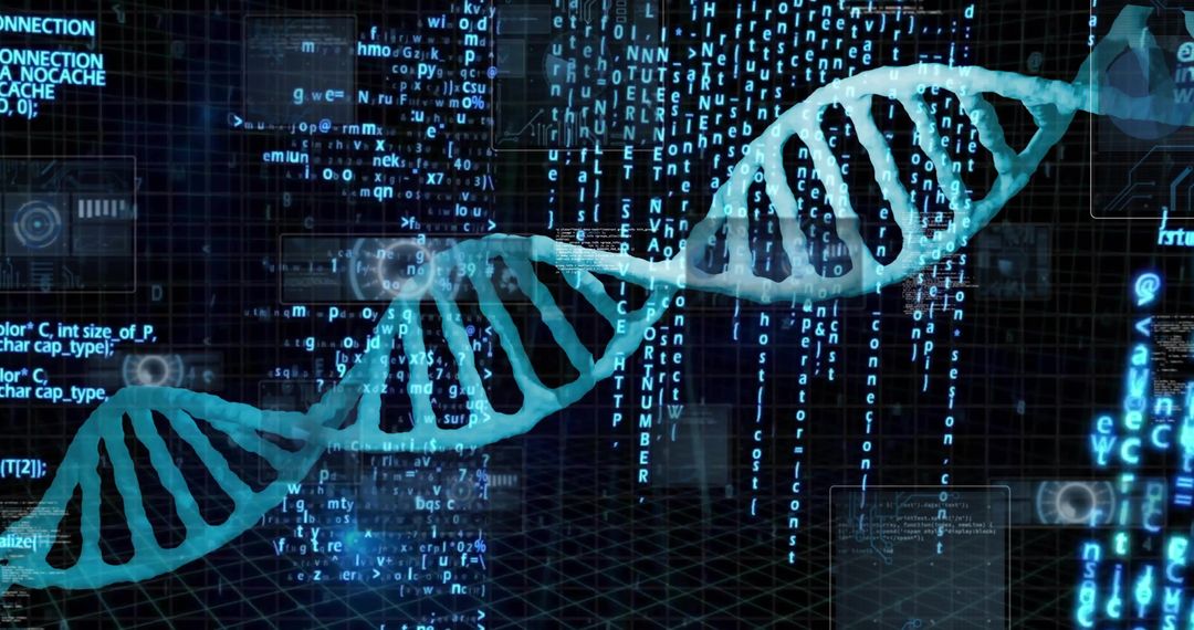 Futuristic Digital DNA Helix Displaying Cascading Code Streams and Holographic Data Grid
