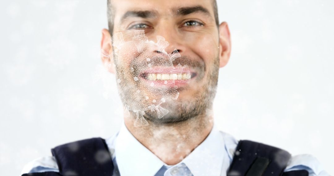 Smiling Caucasian Man with Abstract Virus Illustration Overlay