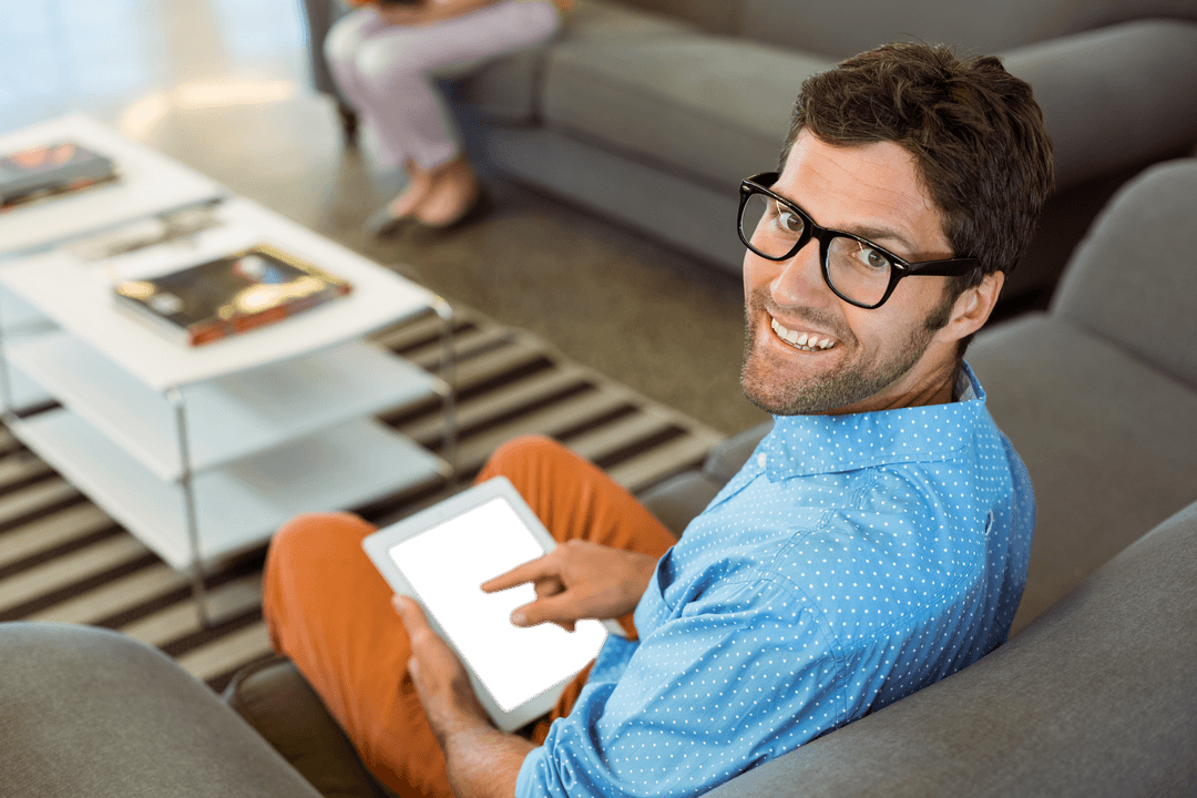 Smiling Business Executive Using Tablet in Modern Office