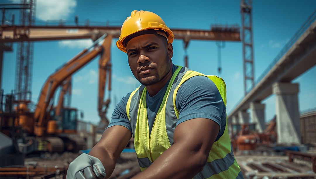Construction Worker Inspecting Site with Heavy Machinery