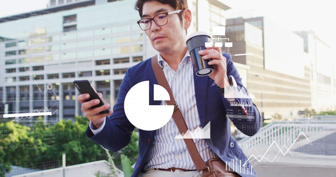 Businessman Analyzing Financial Data on Smartphone in Modern Cityscape