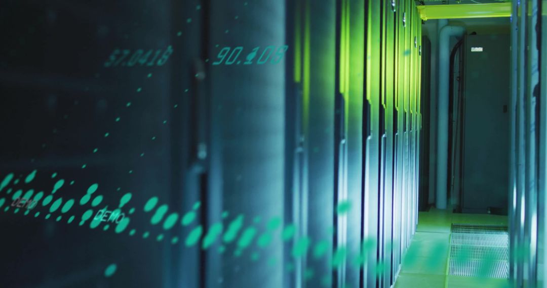 Digital Data Flow in Server Room with Futuristic Overlay