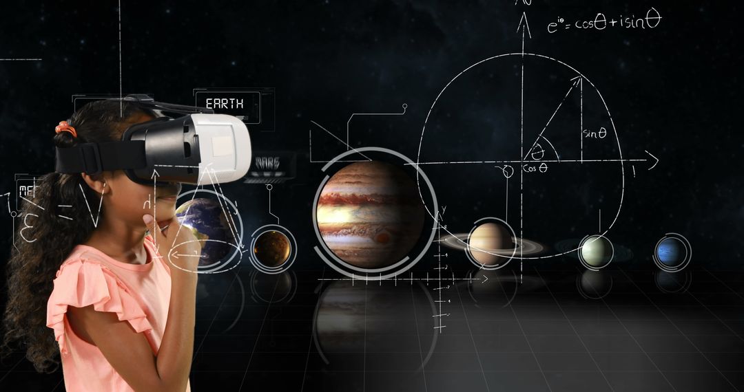 Young Girl Exploring Solar System with Virtual Reality Headset