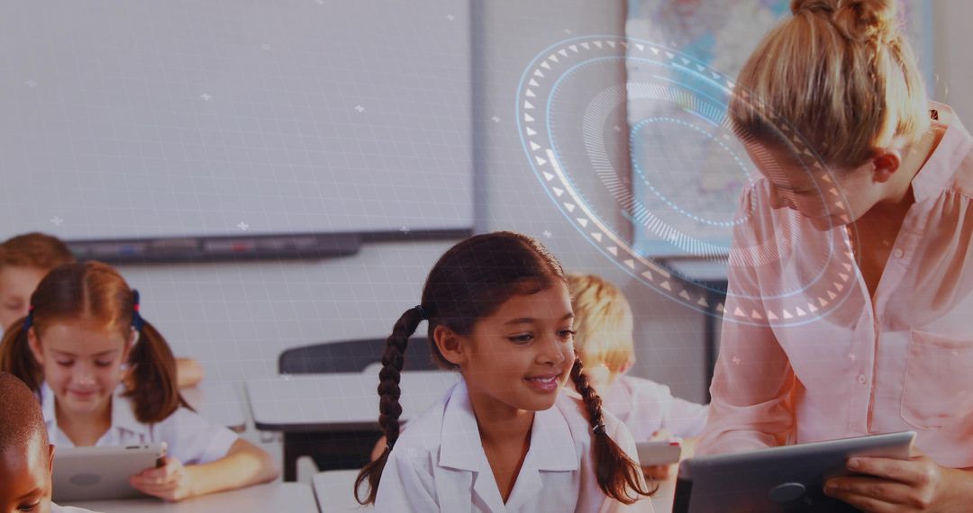 Teacher Guiding Young Girl with Tablet in Elementary Classroom for Digital Learning