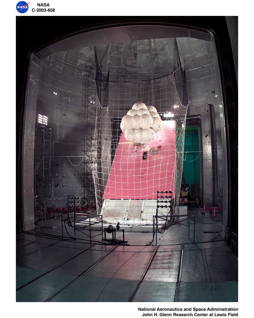 Mars Exploration Rover Package Suspended Over Test Platform at Impact Point