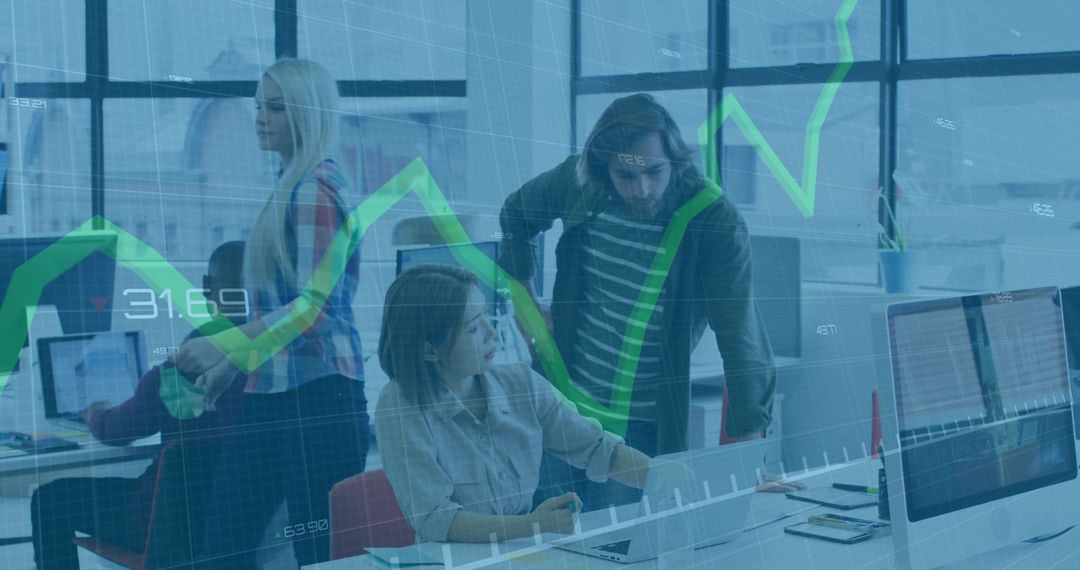 Team Collaborating Around Laptop with Green Growth Chart Overlay in Modern Coworking Space