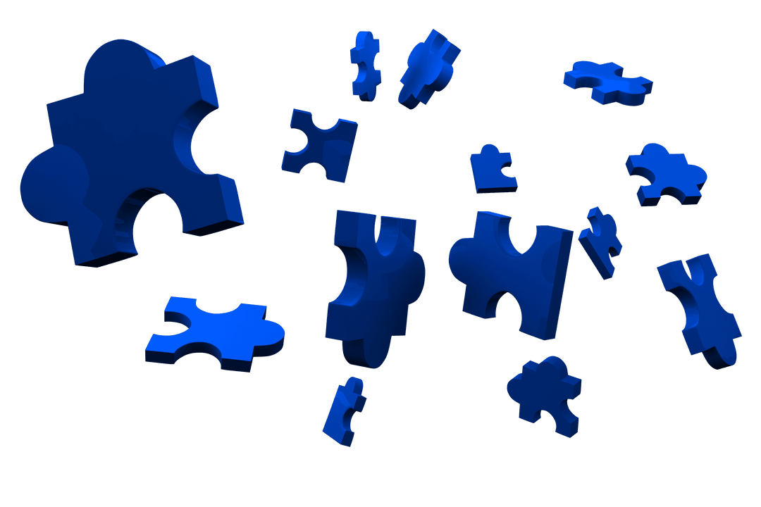 Blue Puzzle Pieces on Transparent Background with Floating Design
