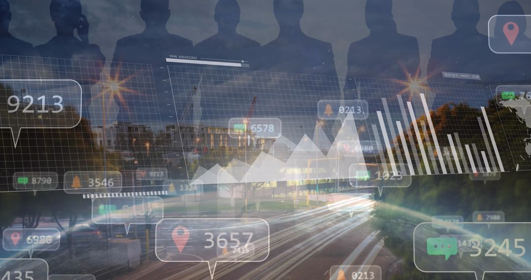 Silhouetted Business Team Overlayers with Urban Analytics and Traffic Flow