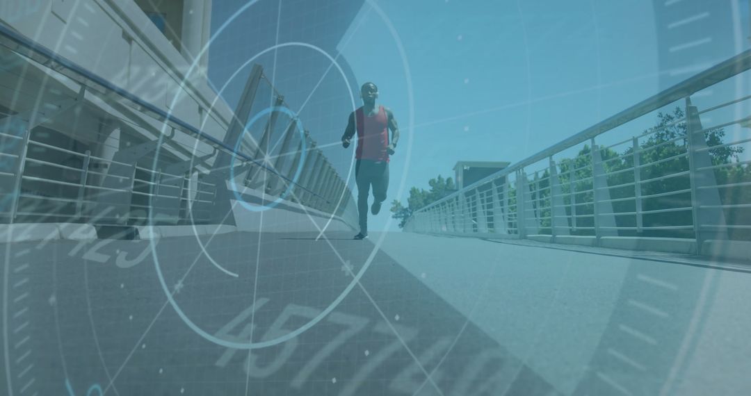 Man Jogging on Urban Bridge with Fitness Tracker Technology Overlay