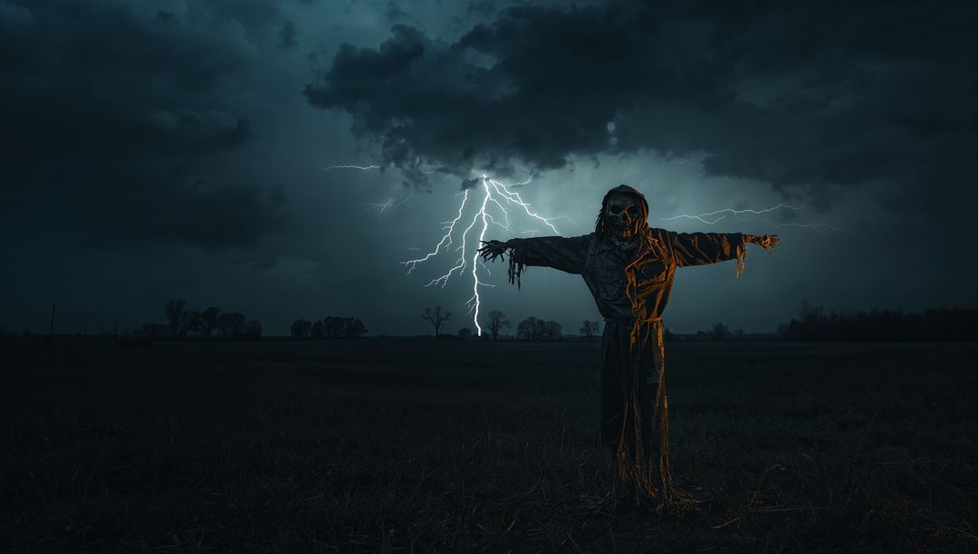 Ominous Night Scarecrow Amidst Lightning in Dark Field
