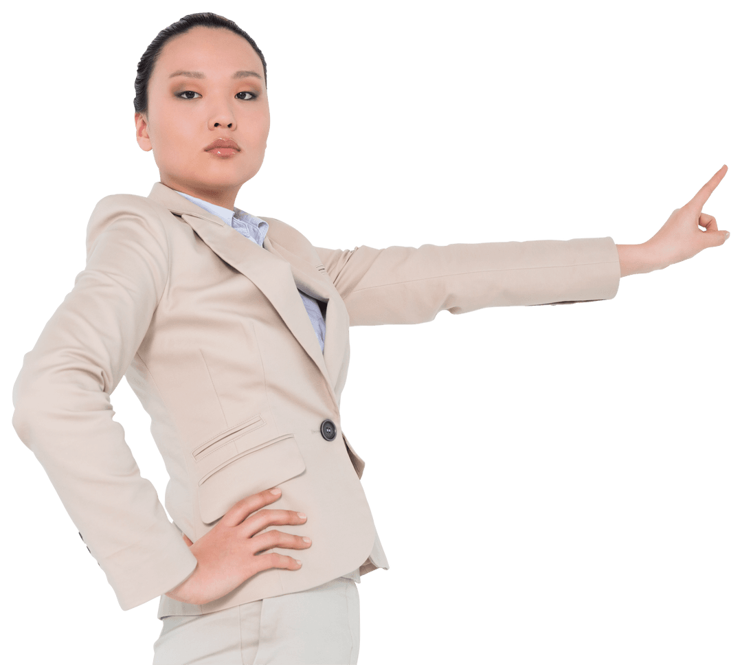Asian Businesswoman Pointing for Virtual Interface Concept Transparent Background