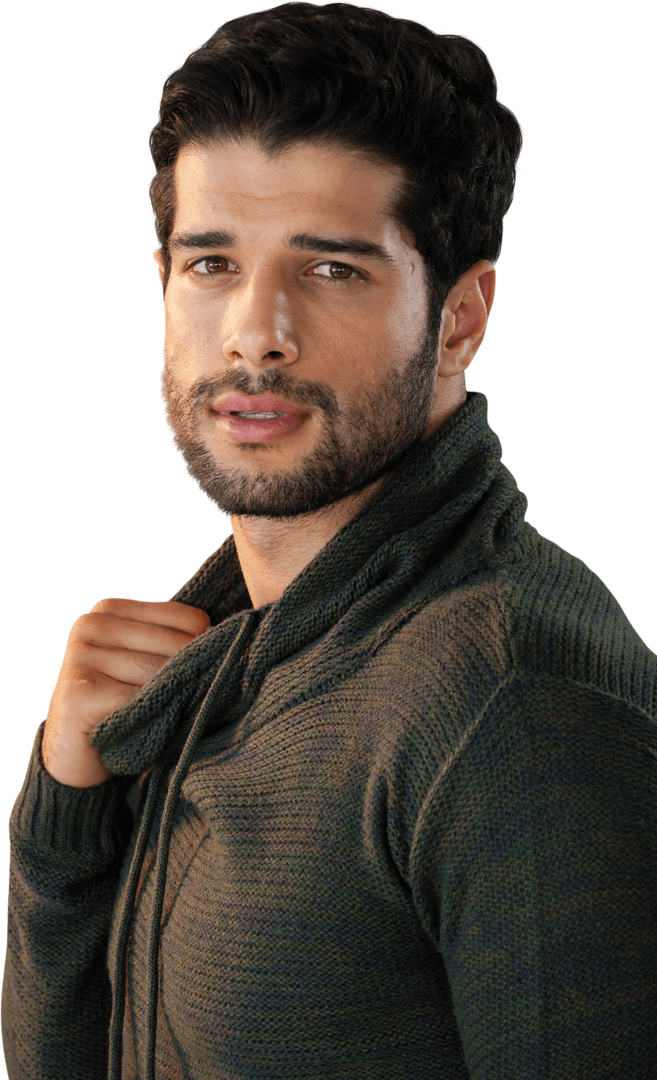 Transparent Confident Man with Beard Wearing Sweater Looking Forward