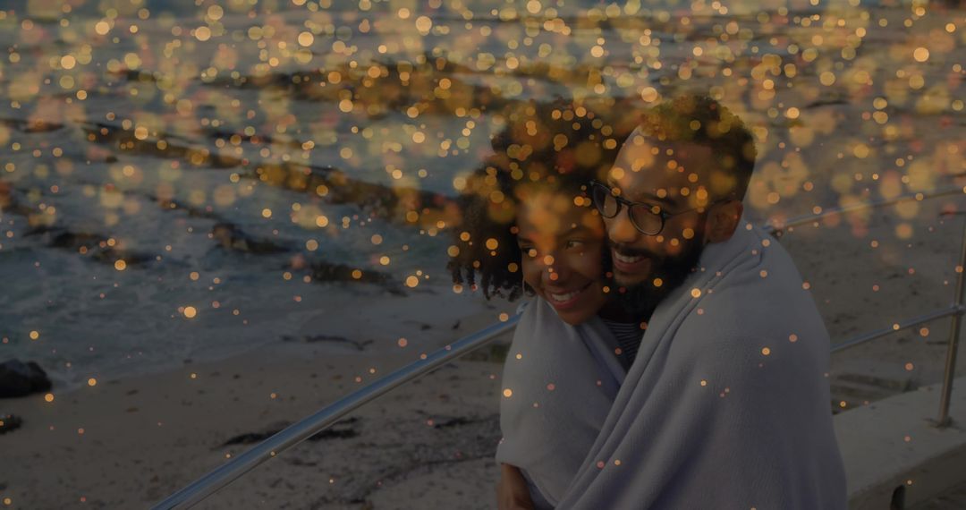 Couple Embracing by Seaside at Dusk with Bokeh Effect