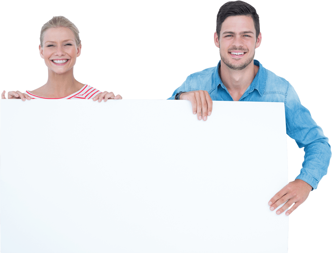 Smiling Couple Holding Transparent Blank Signboard