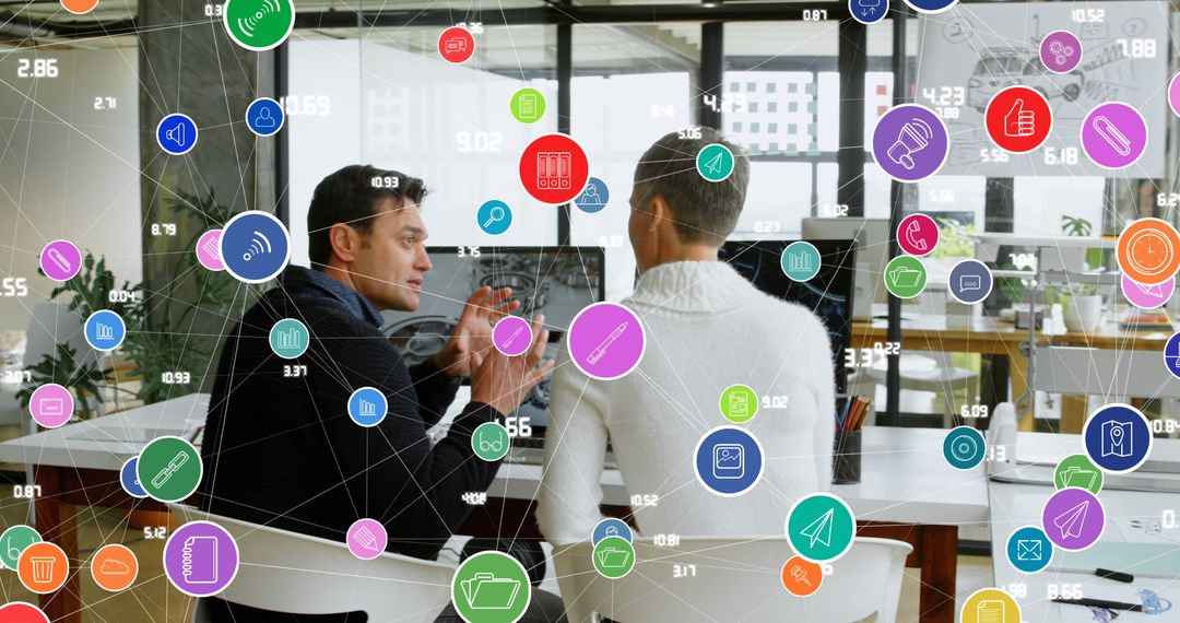Colleagues Discussing Design Concepts with Virtual Social Interface in Office