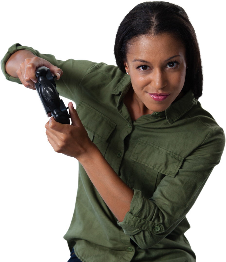 Transparent Image of Smiling Woman Holding Game Controller in Excitement - Download Free Stock Images Pikwizard.com