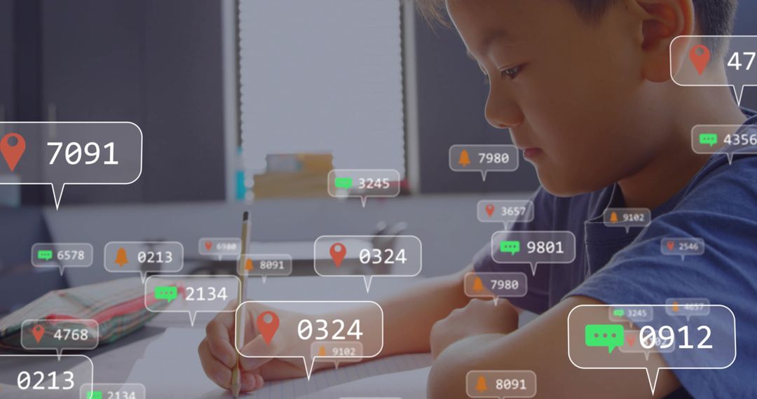 Schoolboy writing with augmented reality learning overlays on notebook and desk digital education