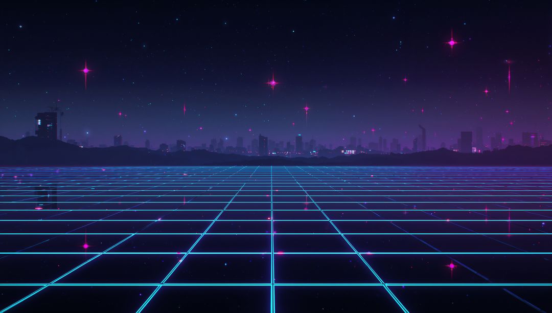 Neon Retro Glowing Cyan Grid Leading to Futuristic City Skyline with Synthwave Stars