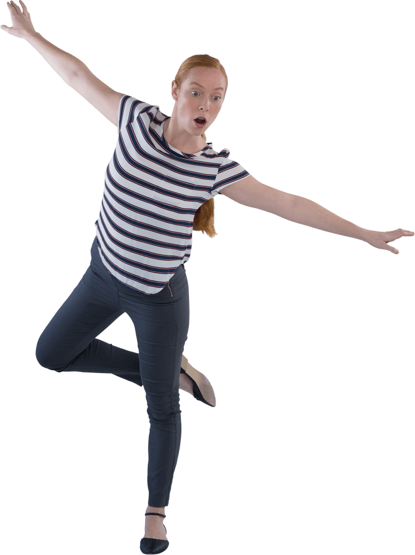Surprised Woman Balancing in Striped Shirt on Transparent Background
